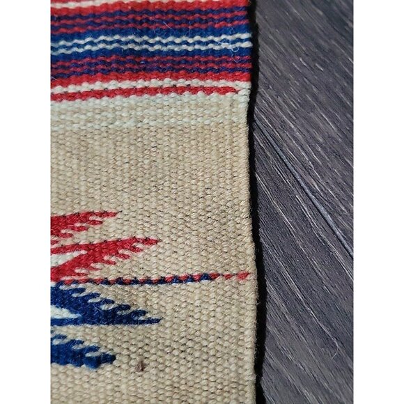 Chimayo Southwestern Woven Mat Runner Geometric Fringe 17x7in Vtg Farmhouse Prim